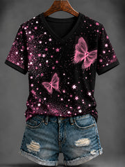 T-shirt rose imprimé à col en V pour le cancer du sein chez la femme
