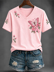T-shirt rose imprimé à col en V pour le cancer du sein chez la femme