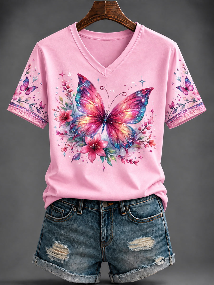 T-shirt rose imprimé à col en V pour le cancer du sein chez la femme