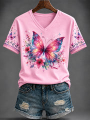 T-shirt rose imprimé à col en V pour le cancer du sein chez la femme