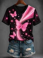 T-shirt rose imprimé à col en V pour le cancer du sein chez la femme