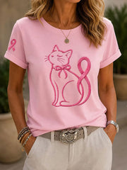 T-shirt décontracté à imprimé chat pour la sensibilisation au cancer du sein chez les femmes