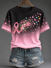 T-shirt rose à imprimé papillons pour la sensibilisation au cancer du sein, modèle femme