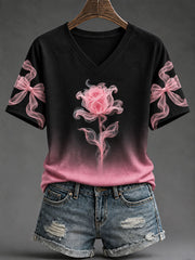 T-shirt rose à imprimé de roses pour la sensibilisation au cancer du sein, modèle femme