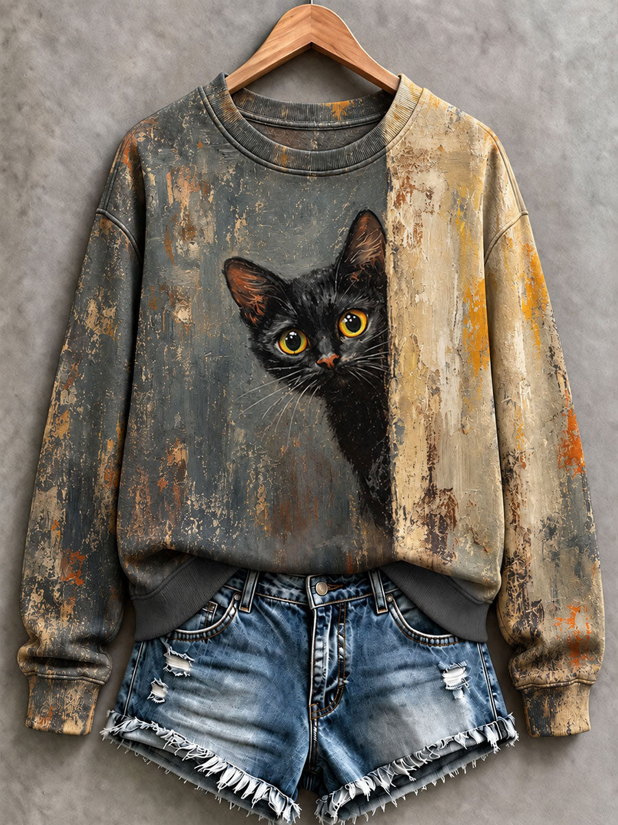 Sweat-shirt classique pour femme, motif artistique de chat dans le style de la peinture à l'huile