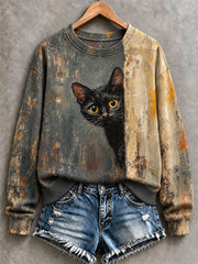 Sweat-shirt classique pour femme, motif artistique de chat dans le style de la peinture à l'huile