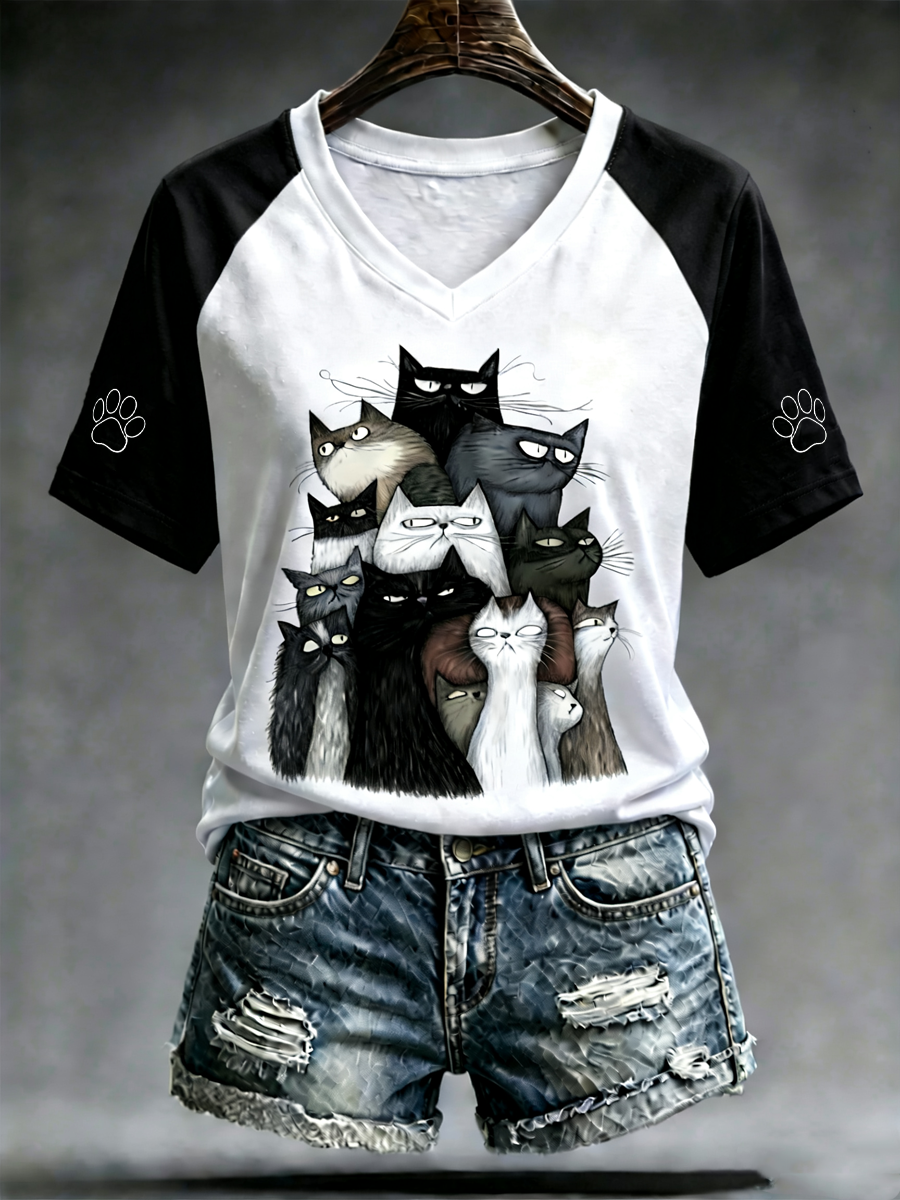 T-shirt à manches courtes à encolure en V et imprimé chat mignon pour femmes