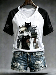T-shirt à manches courtes à encolure en V et imprimé chat mignon pour femmes