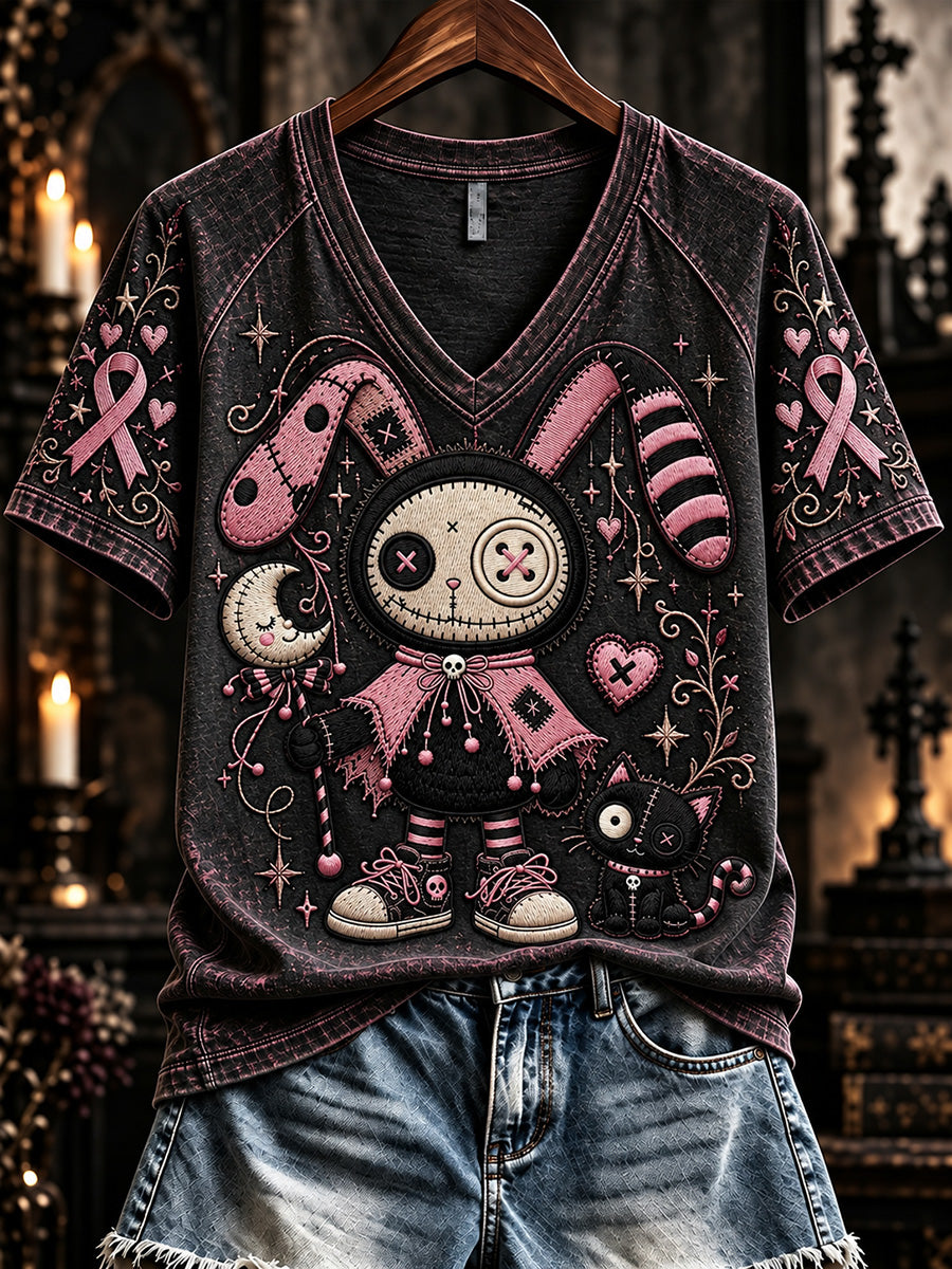 Femme Vintage Rose Patchwork Lapin Poupée avec Chat Noir Imprimer V-cou T-shirt à manches courtes