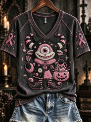 T-shirt Femme Vintage Gothic Cyclope Monster Rose Ruban Imprimé Col V à Manches Courtes