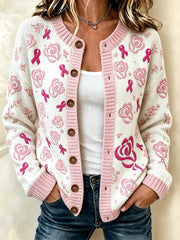 Les femmes Rose et Rose Charité Ruban Motif Design Casual Cardigan-Style Veste en tricot