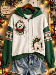 Sweat à capuche zippé décontracté pour femmes, motif de chien de Noël