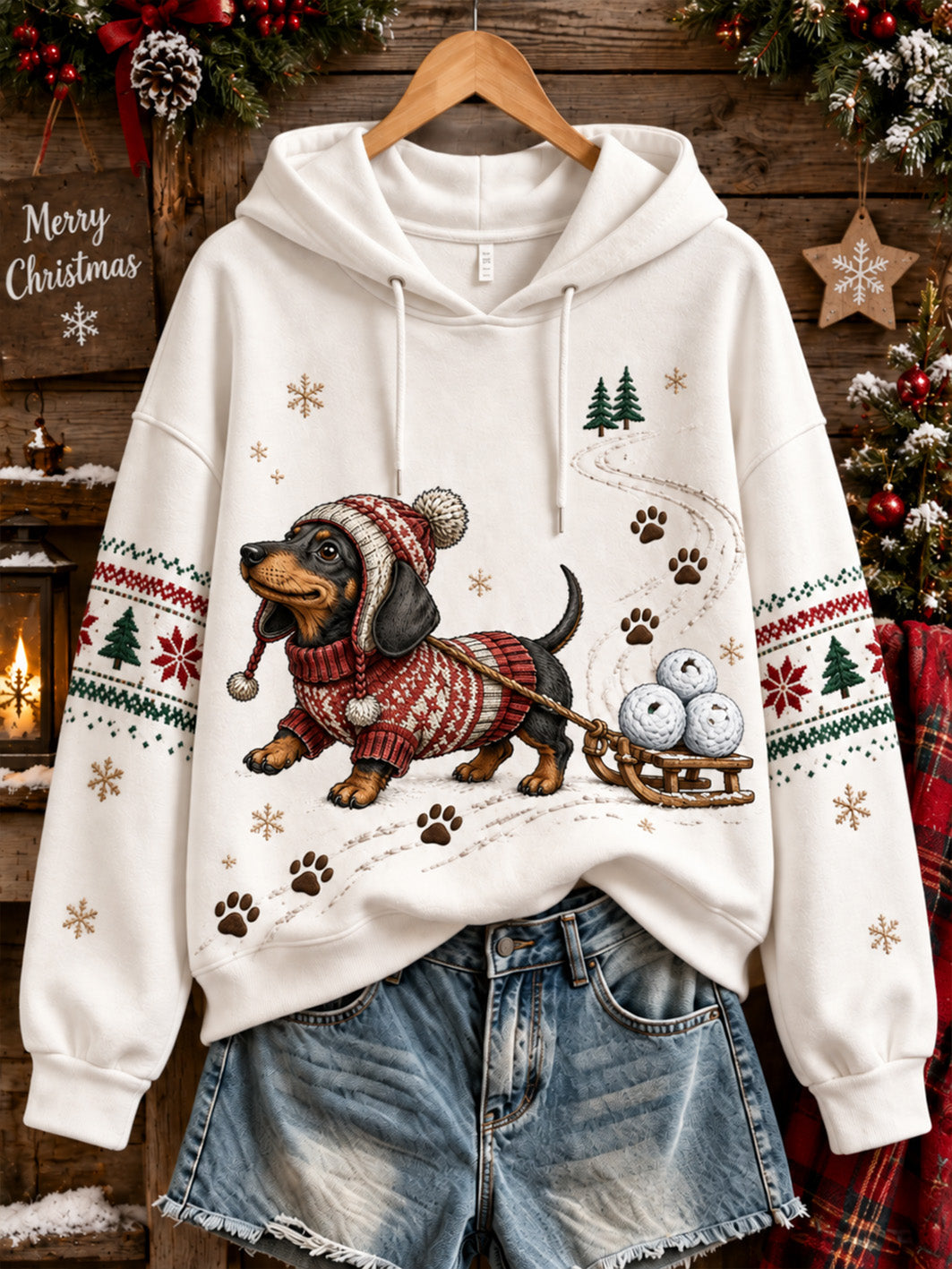 Sweat à Capuche Décontracté Motif de Chien de Noël pour Femmes