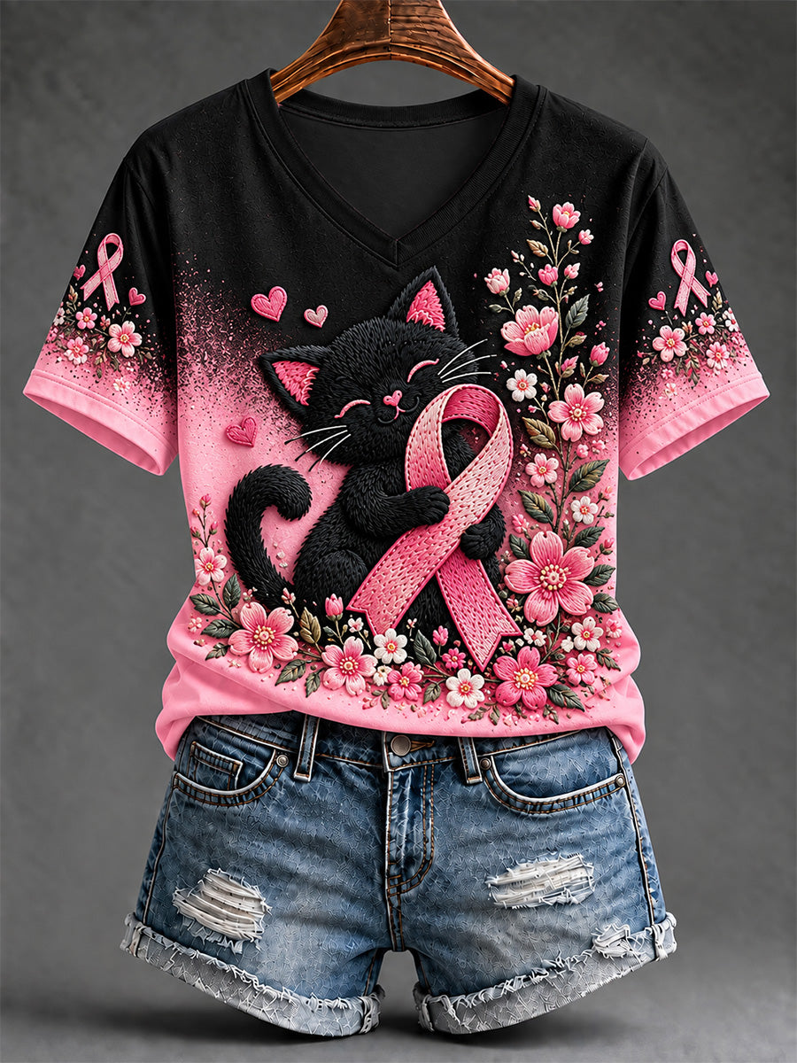 T-shirt à col en V imprimé Soutien de sensibilisation au cancer du sein pour femmes