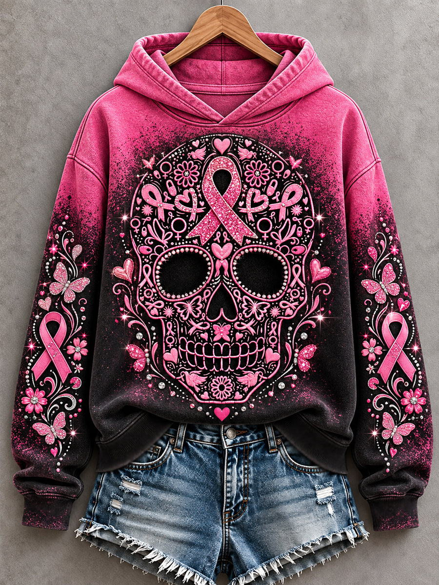 Sweat à capuche de soutien de sensibilisation au cancer du sein imprimé crâne rose pour femmes