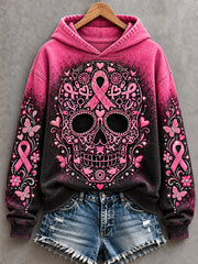 Sweat à capuche de soutien de sensibilisation au cancer du sein imprimé crâne rose pour femmes