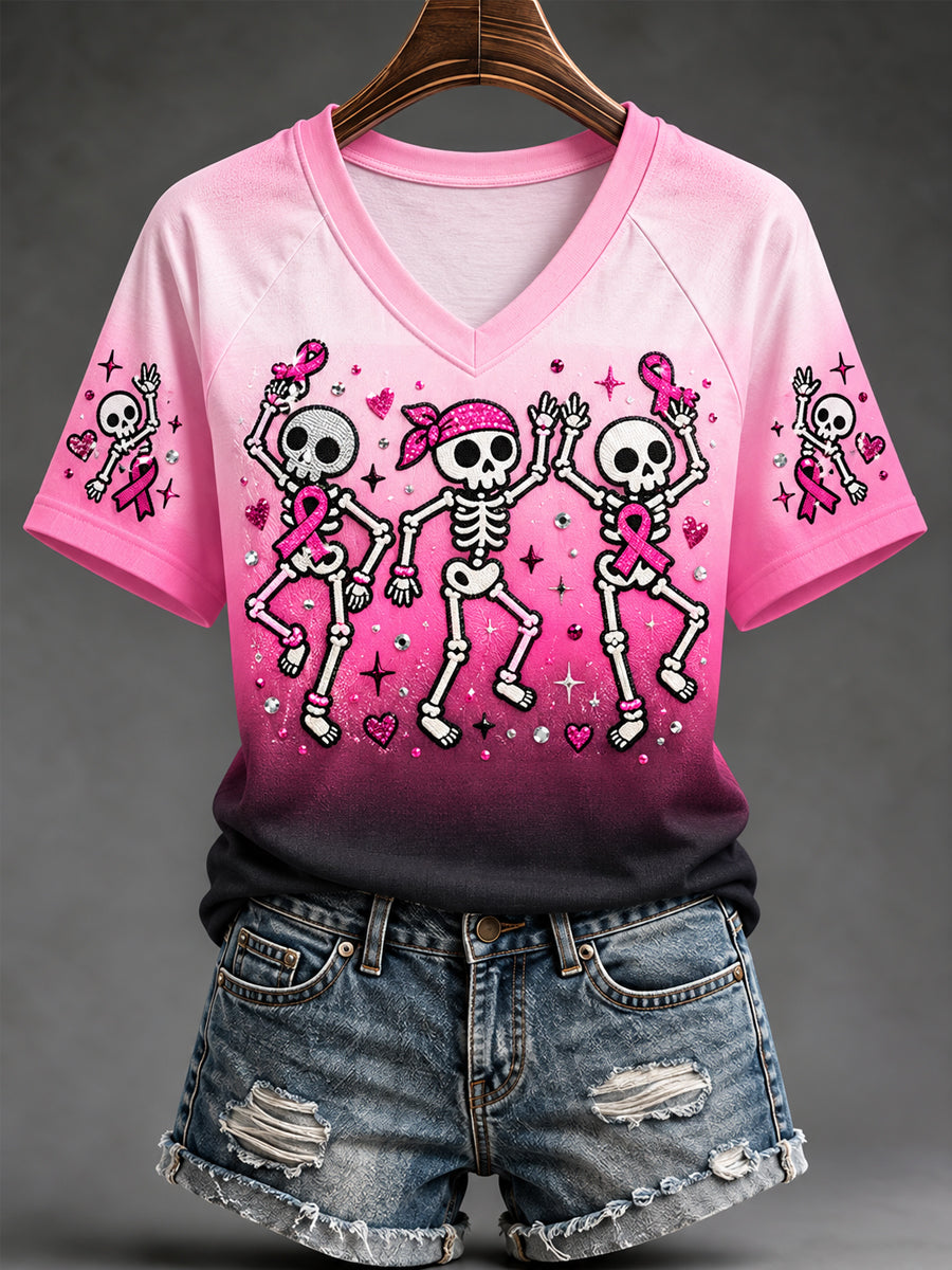 T-shirt à col en V pour femmes, imprimé squelettes ruban rose, en soutien à la sensibilisation au cancer du sein