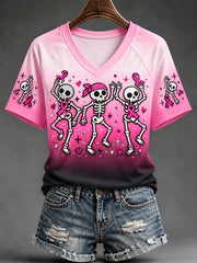 T-shirt à col en V pour femmes, imprimé squelettes ruban rose, en soutien à la sensibilisation au cancer du sein
