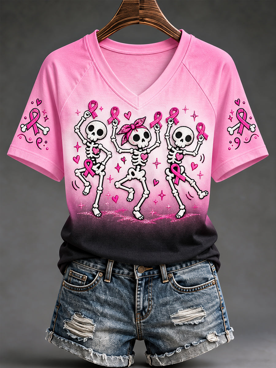 Ruban rose pour femmes Squelettes Imprimer Sensibilisation au cancer du sein Soutien V-Neck Tee