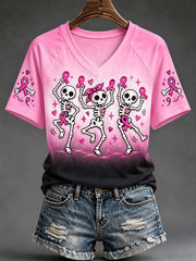 Ruban rose pour femmes Squelettes Imprimer Sensibilisation au cancer du sein Soutien V-Neck Tee