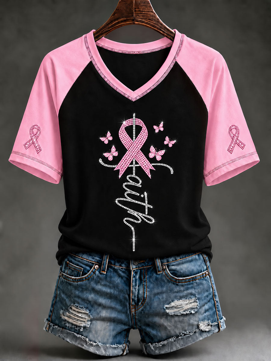 T-shirt femme à manches courtes Faith rose avec ruban pour le cancer du sein
