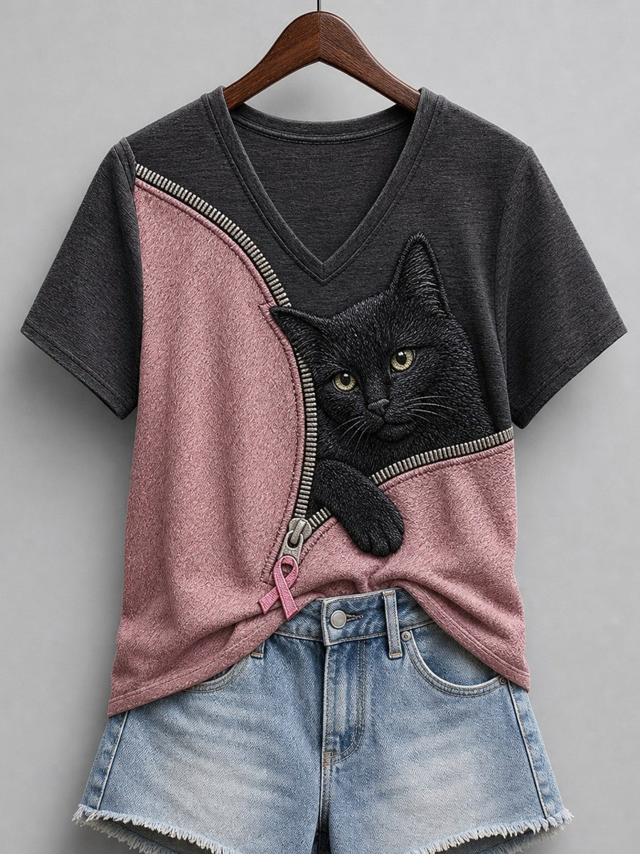 Peeking des femmes noir chat rose ruban fermeture à glissière contraste couleur impression t-shirt à manches courtes