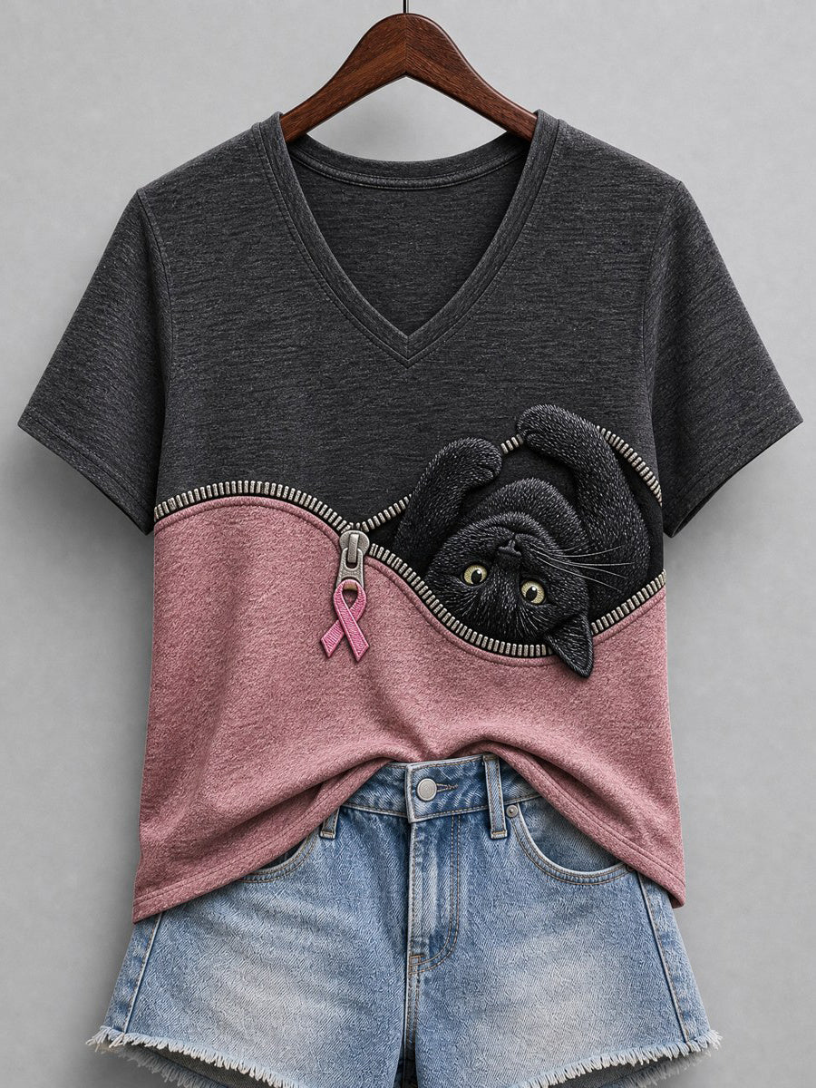 T-shirt à manches courtes pour femme avec imprimé contrasté motif chat noir qui fait un clin d’œil et ruban rose, fermeture éclair