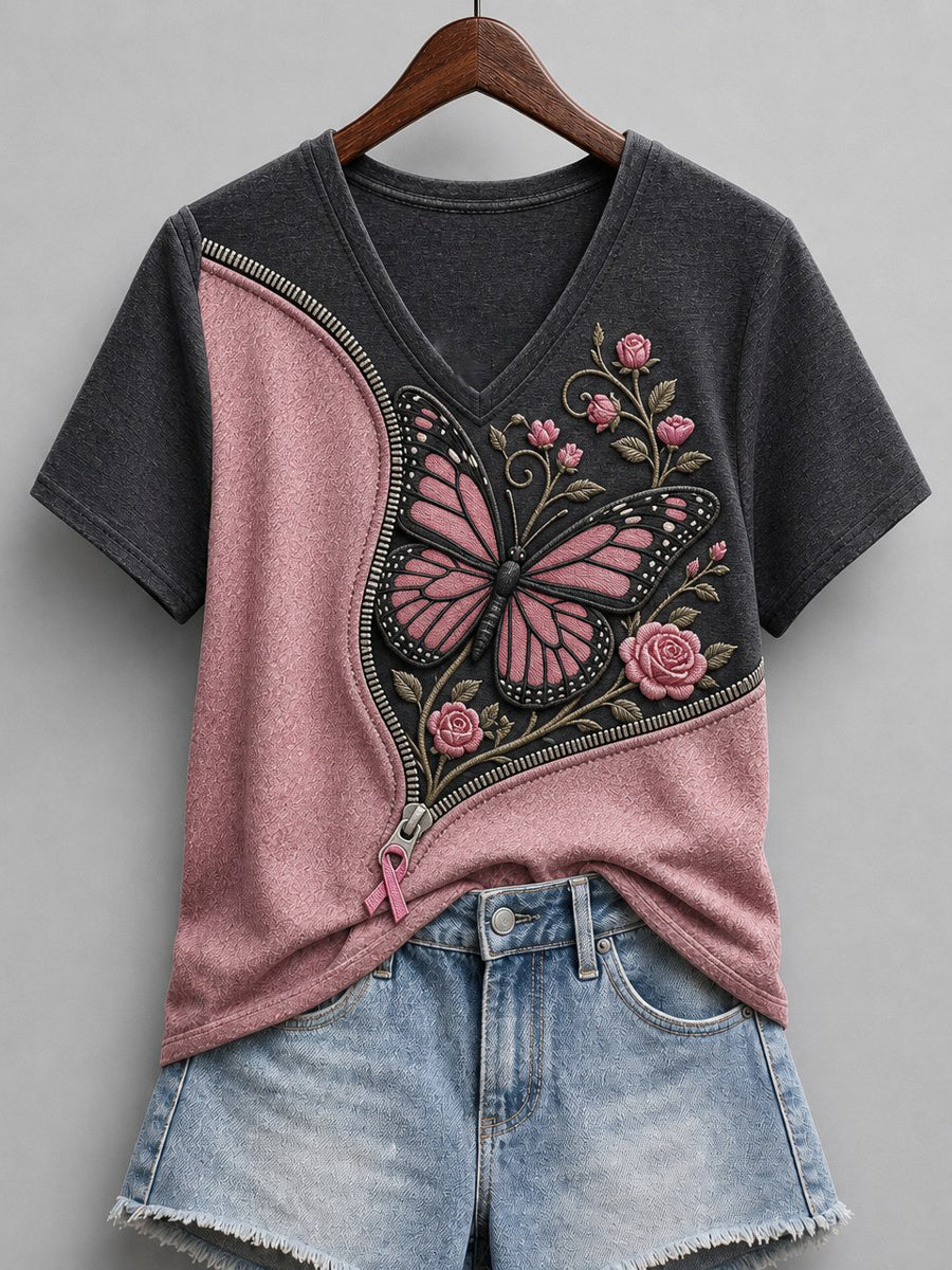 Papillon et Roses Rose Ruban Zipper Contraste Couleur Imprimer à manches courtes T-shirt Femme