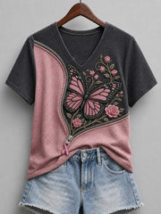 Papillon et Roses Rose Ruban Zipper Contraste Couleur Imprimer à manches courtes T-shirt Femme