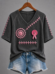 Femmes Halloween Cousu Visage Rose Ruban Sensibilisation au Cancer du Sein Imprimer T-shirt à manches courtes
