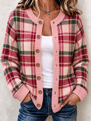 Cardigan en tricot confortable à carreaux rose pour femme