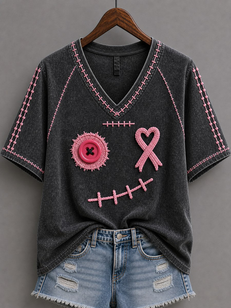T-shirt à manches courtes pour femmes, motif d’Halloween avec visage brodé et ruban rose de sensibilisation au cancer du sein