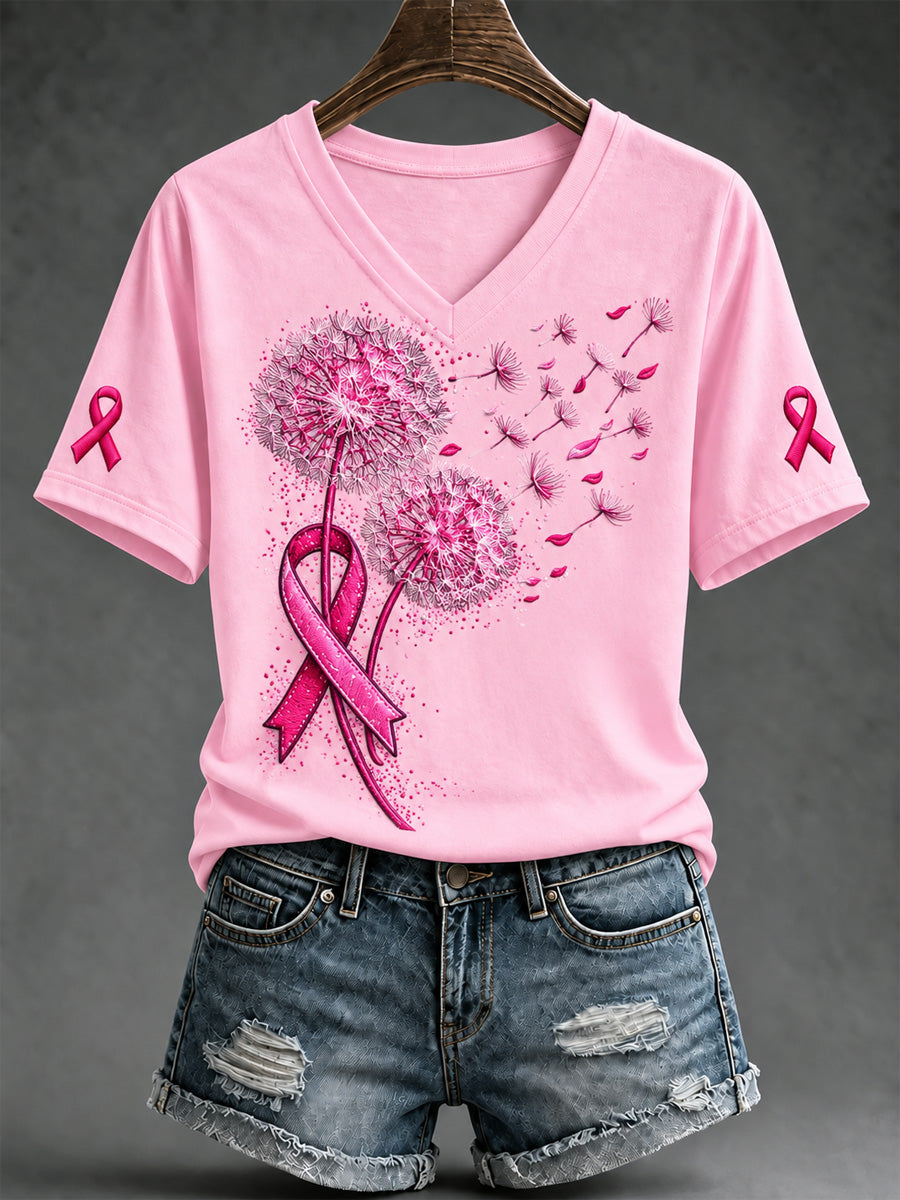 T-shirt col en V imprimé sensibilisation au cancer du sein pour femmes