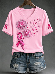 T-shirt col en V imprimé sensibilisation au cancer du sein pour femmes