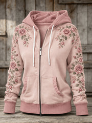 Sweat à capuche décontracté pour femme, motif floral rose, fermeture éclair