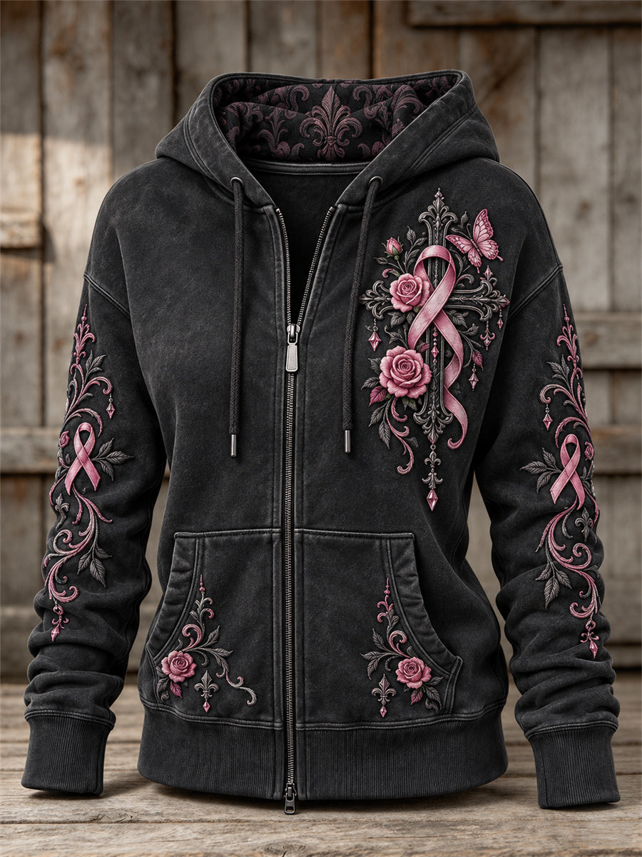 Femmes Vintage Rose Ruban Gothique Croix & Papillons Roses Imprimé Floral Full Zip Hoodie