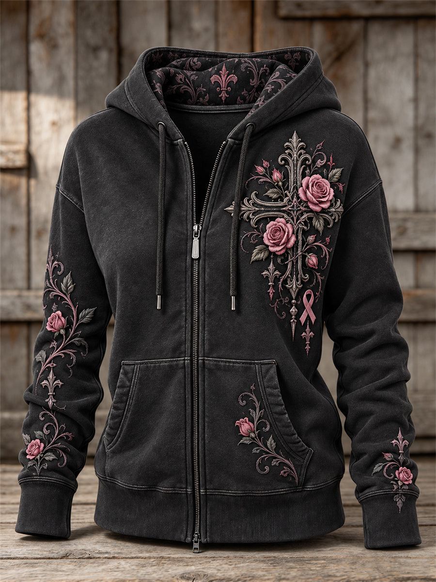 Femmes Vintage Rose Ruban Gothique Croix & Roses Imprimé Floral Full Zip Hoodie