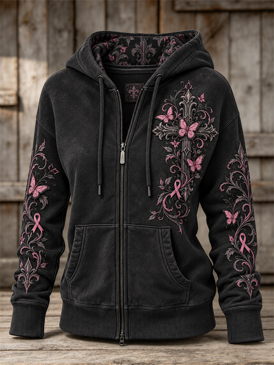 Femmes Vintage Rose Ruban Gothique Croix & Papillons Imprimer Full Zip Hoodie
