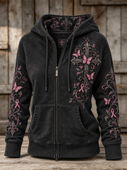 Femmes Vintage Rose Ruban Gothique Croix & Papillons Imprimer Full Zip Hoodie