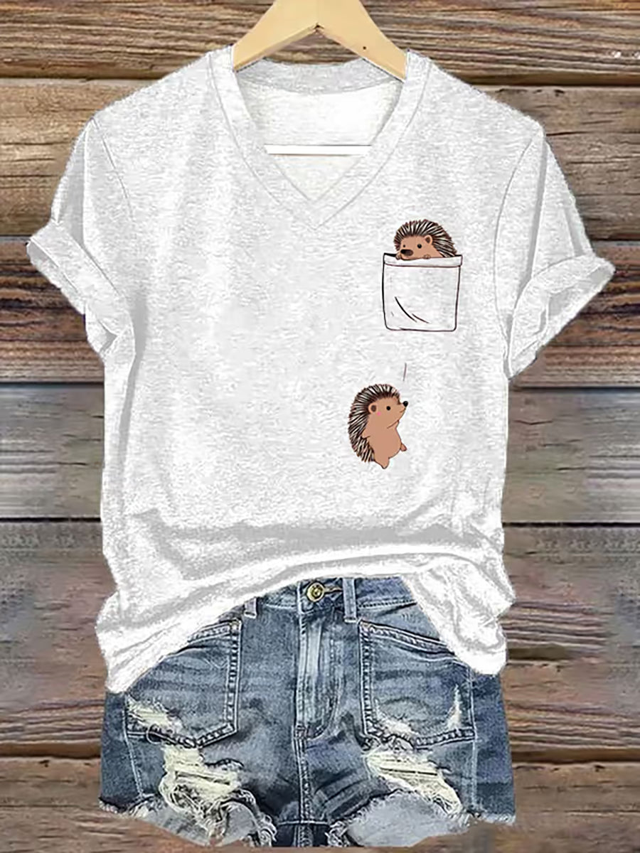 T-shirt à manches courtes mignon pour femmes, imprimé hérisson