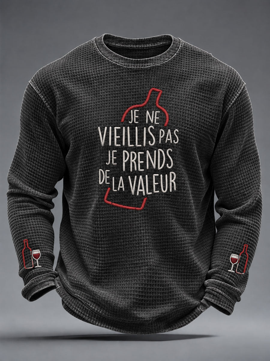 T-shirt à manches longues en waffle pour homme «JE NE VIEILLIS PAS, JE PRENDS DE LA VALEUR»