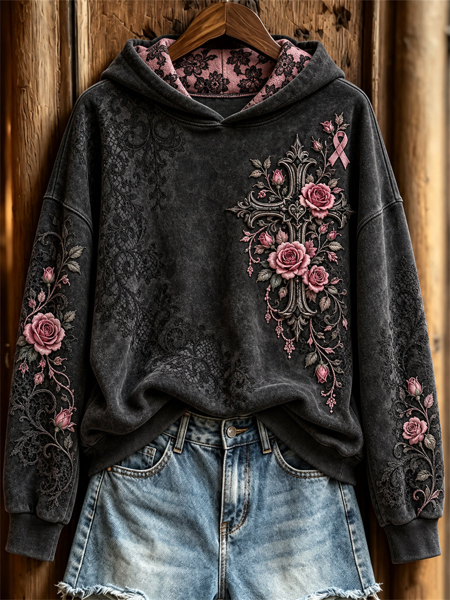 Sweat à Capuche Femme Vintage Gothique Croix & Rose Ruban Roses Imprimé Dentelle Florale