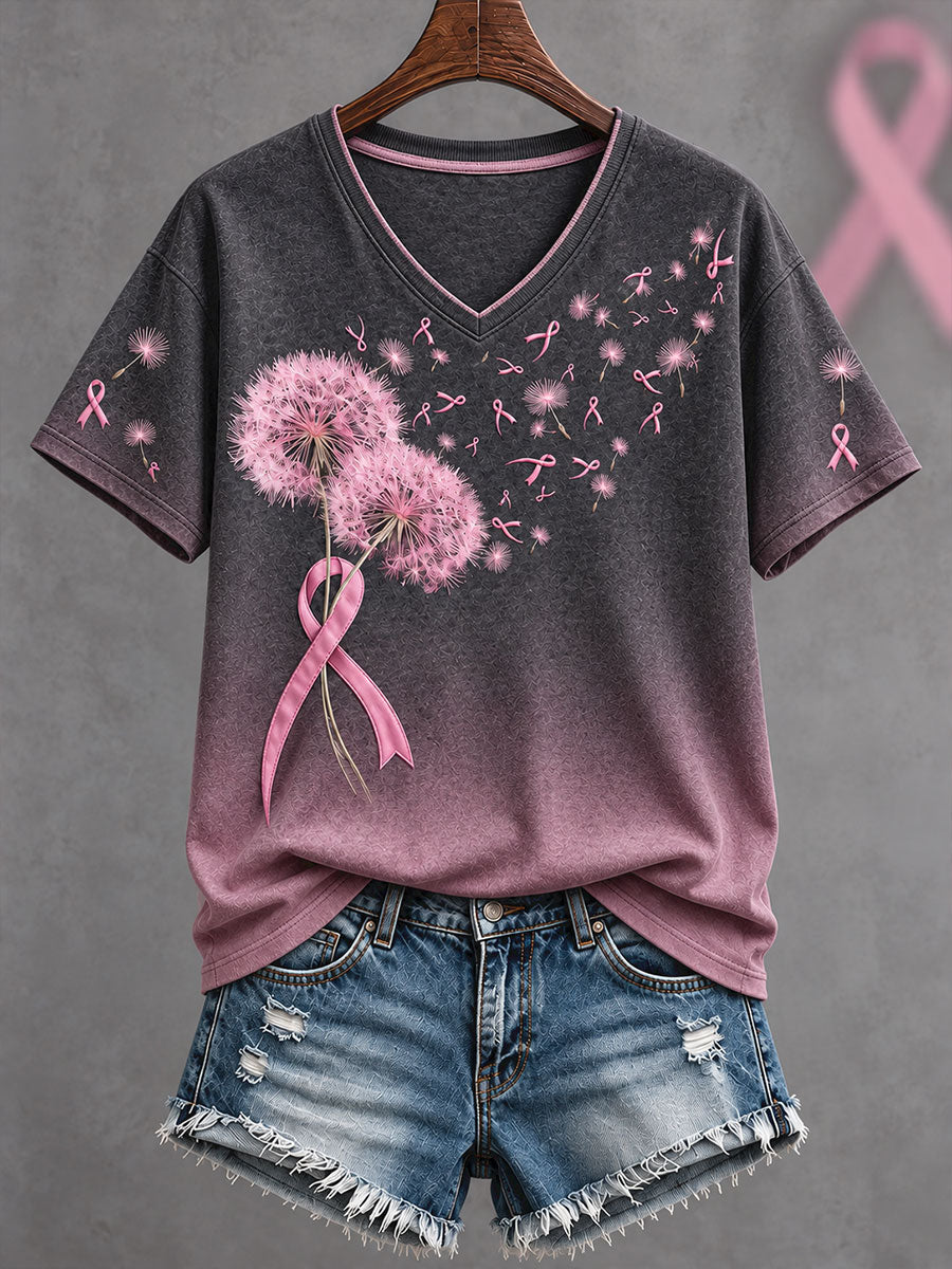 T-shirt imprimé d'art floral de conscience de cancer du sein des femmes