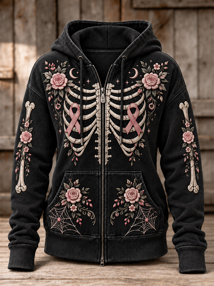 Sweat à capuche zippé intégral pour femme, style vintage, motif floral rose avec ruban et imprimé squelette