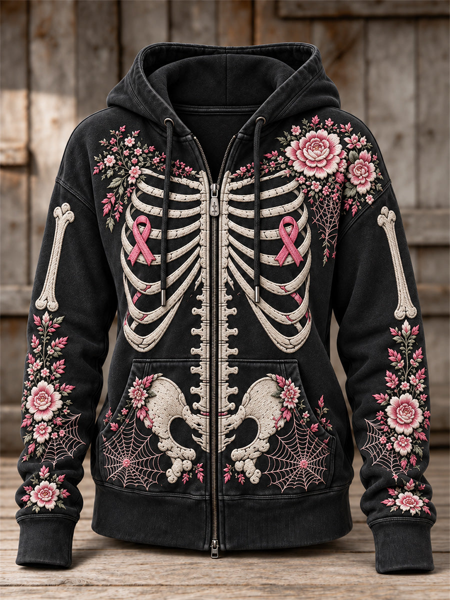 Vintage Floral Rose Ruban Squelette Imprimer Full Zip Hoodie des femmes