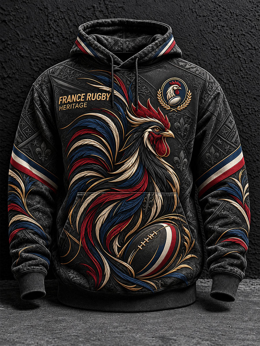 Sweat à capuche oversize à épaules tombantes pour homme, imprimé France Rugby, avec poches