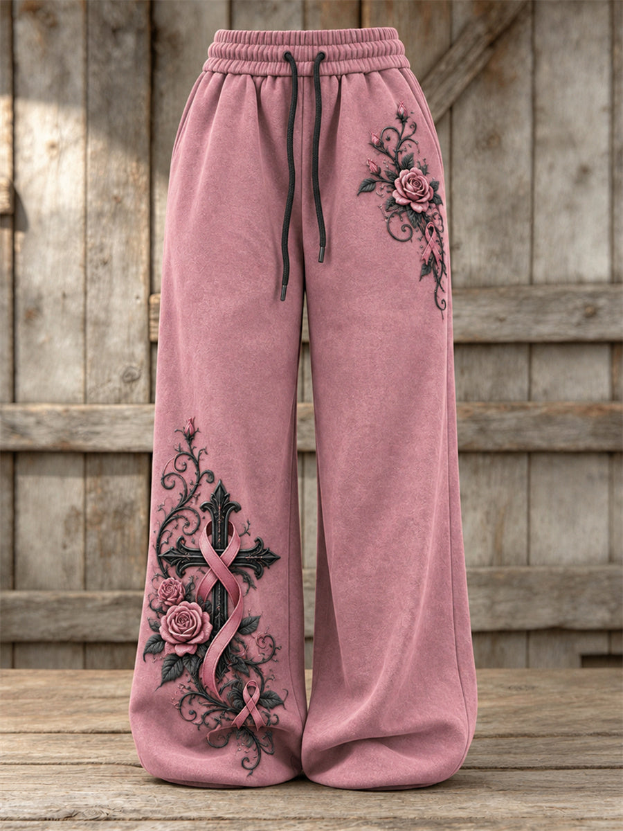 Pantalon de survêtement large à jambe pour femme, imprimé floral style gothique vintage avec croix et ruban rose orné de roses
