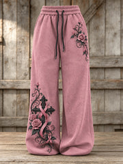 Pantalon de survêtement large à jambe pour femme, imprimé floral style gothique vintage avec croix et ruban rose orné de roses