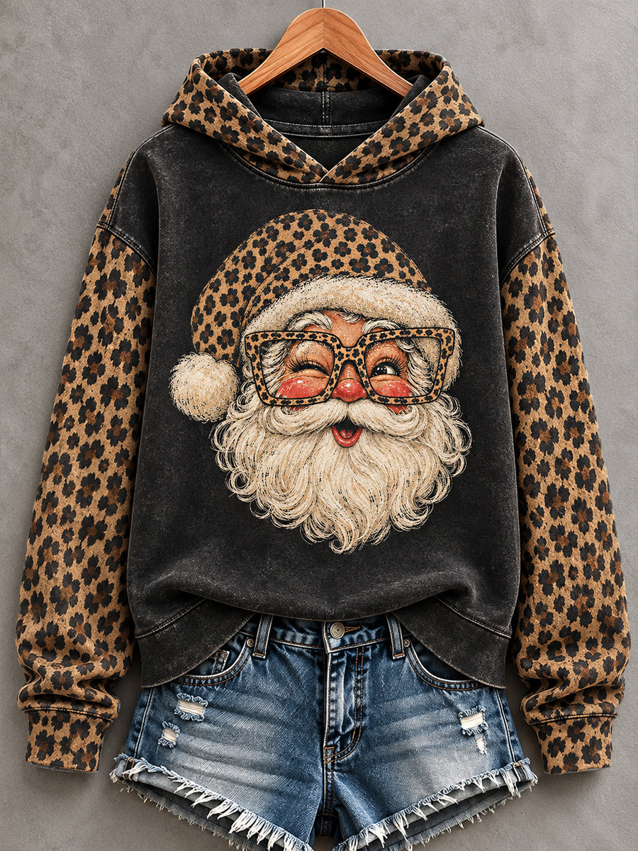 Sweat à capuche décontracté à imprimé léopard Père Noël pour femmes