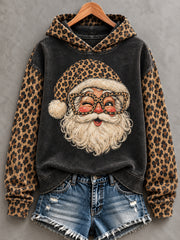 Sweat à capuche décontracté à imprimé léopard Père Noël pour femmes